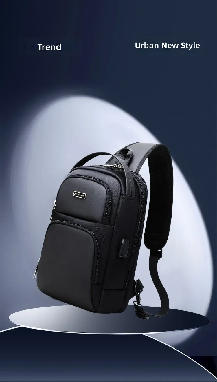 Black waterproof anti-theft sling bag with a password lock, external USB port, and adjustable padded shoulder strap.
