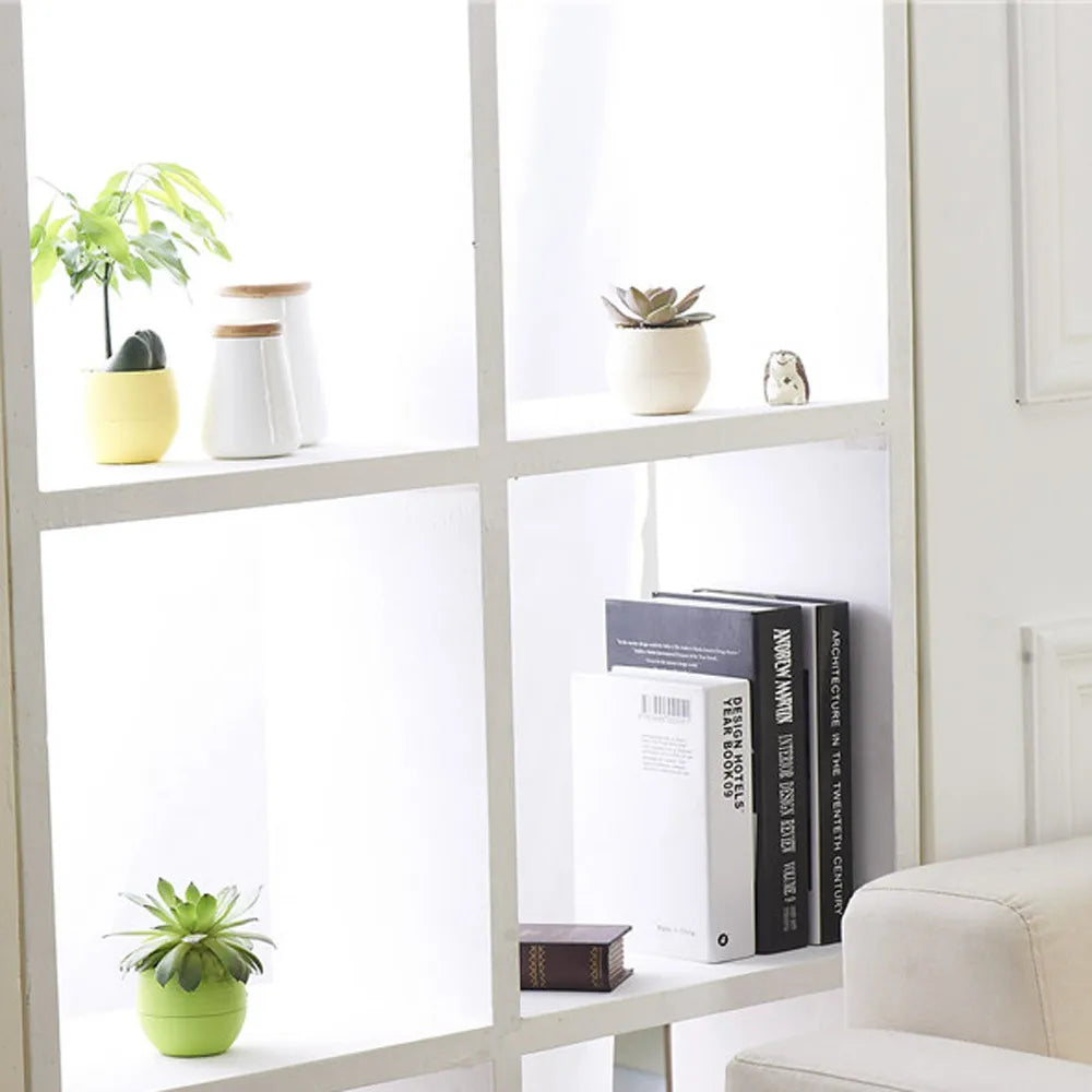 Small, minimalist round pots in yellow, cream, and lime green holding succulents on a modern white shelving unit.