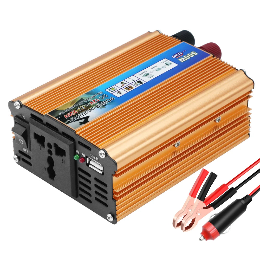 Metallic gold 500W power inverter with a UK plug socket, USB port, and included battery clips and car cigarette lighter.