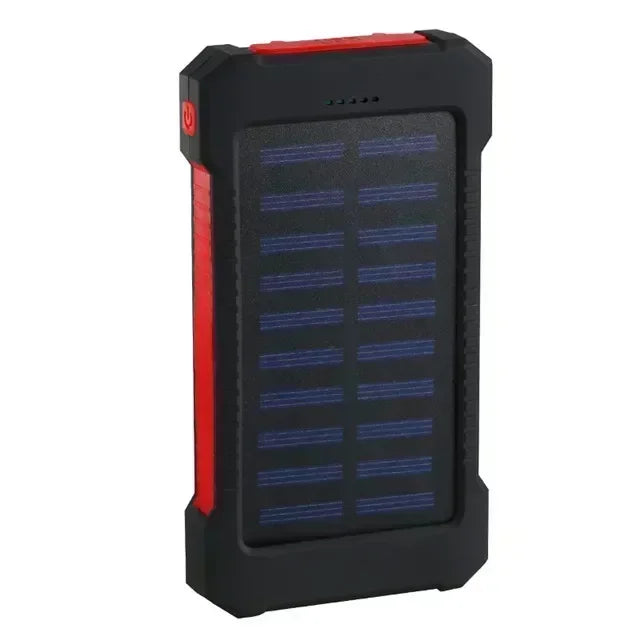 Rugged black and red portable solar power bank with integrated LED flashlight and indicator lights.