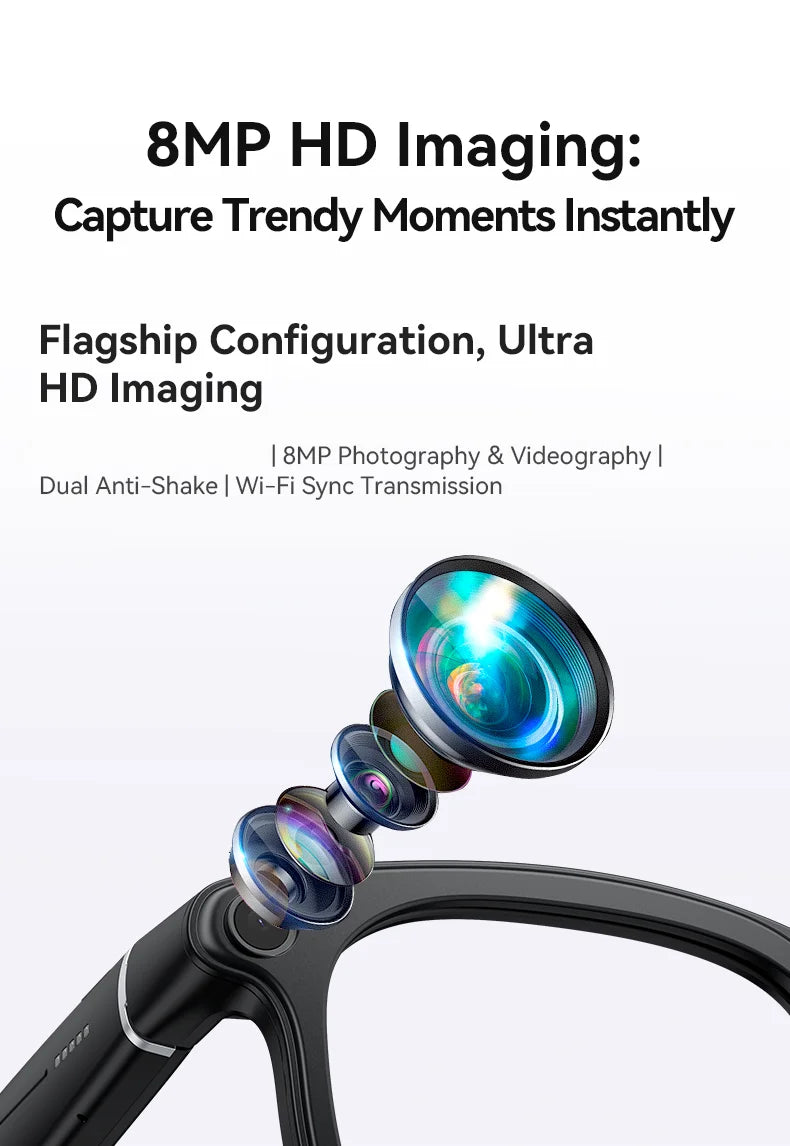 Black smart recording glasses featuring an 8MP HD camera lens with advanced optical layers for crisp video and photos.