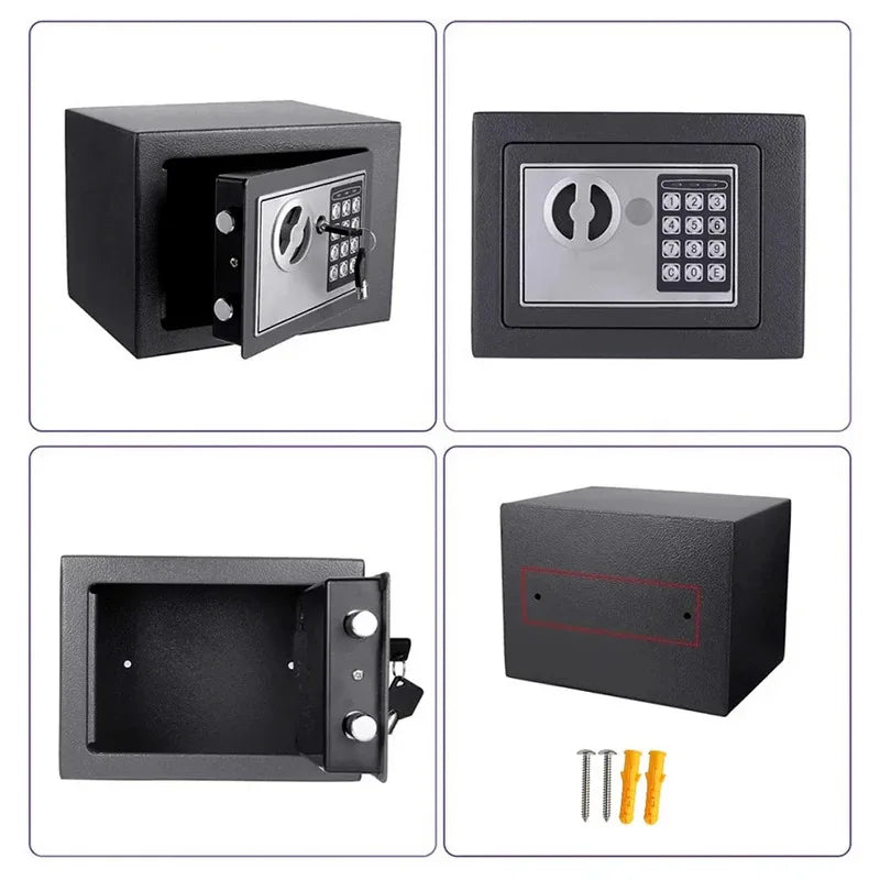 Black metal security safe with digital keypad, manual key lock, locking bolts, and mounting hardware.