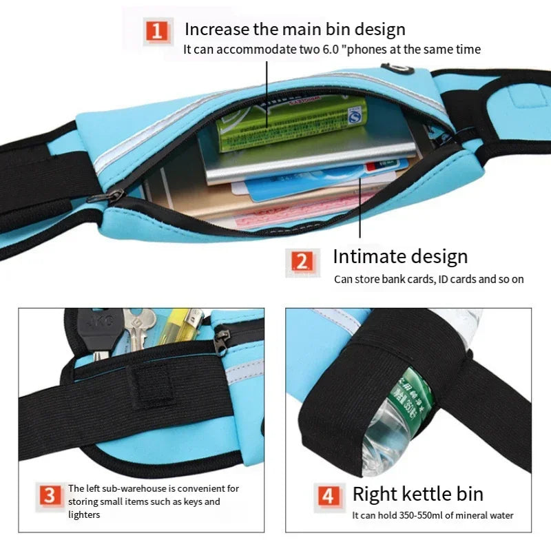 Light blue running belt with storage compartments, featuring a phone pocket, key pouch, and water bottle holder.