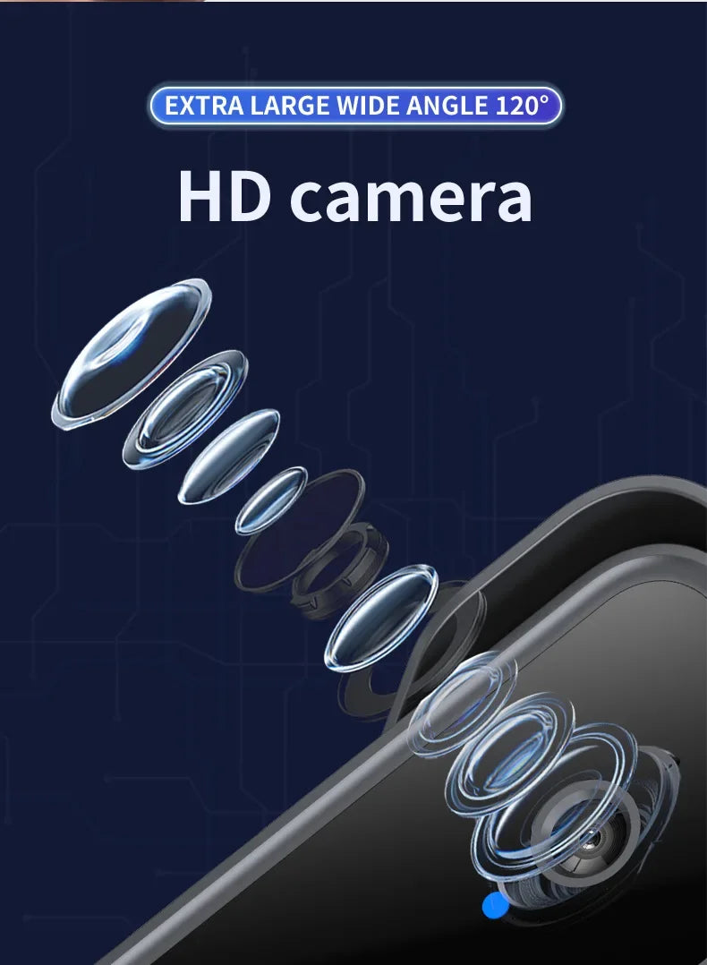 An exploded-view diagram showing the lens layers of a sleek, black smart video doorbell with 120° wide-angle HD camera.