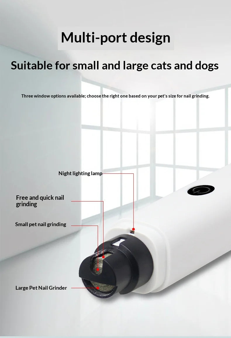 White and black electric pet nail grinder featuring a multi-port head for different sizes and a built-in LED light.