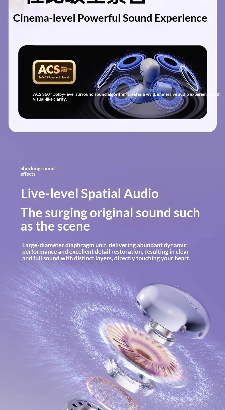 Sleek, metallic silver wireless earbuds shown with a disassembled internal speaker structure and spatial sound graphics.