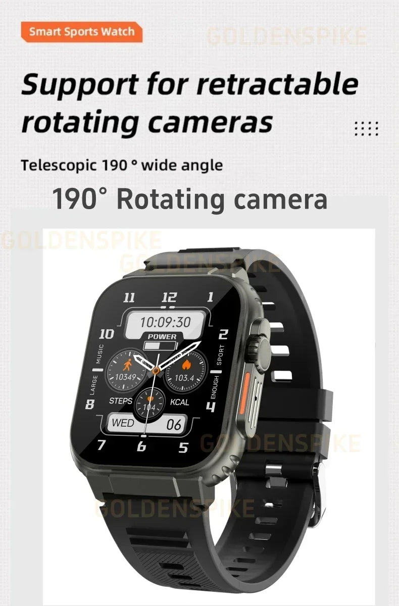 Black 4G Android sports smartwatch with a square digital display, silicone strap, and integrated rotating camera.