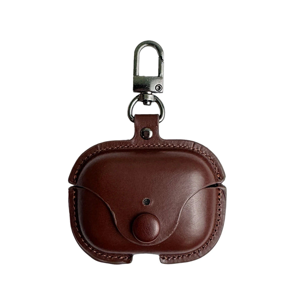 Dark brown leather AirPods Pro case with a stud closure and metal keyring clip, shown on a white background.