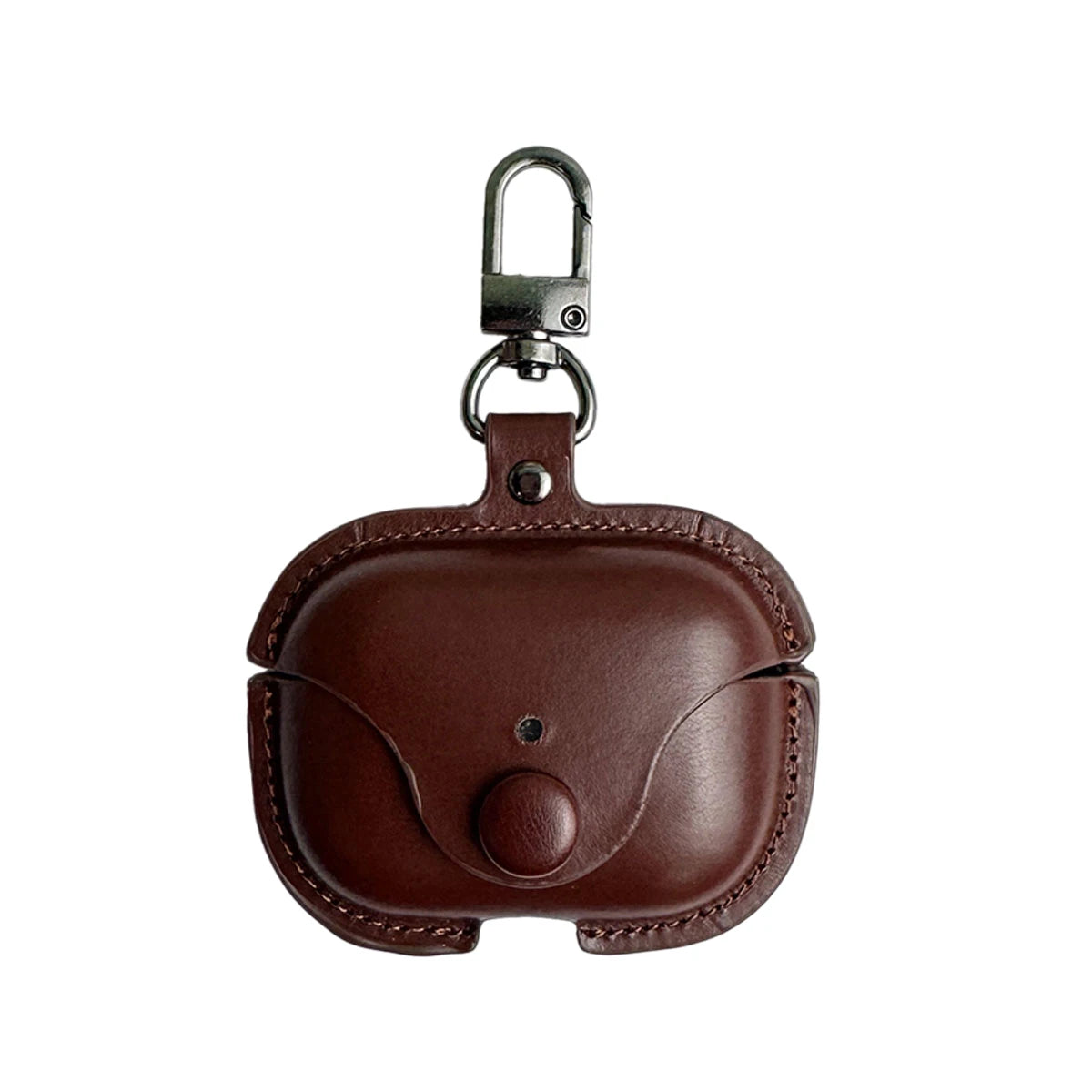 Dark brown leather AirPods Pro case with a stud closure and metal keyring clip, shown on a white background.