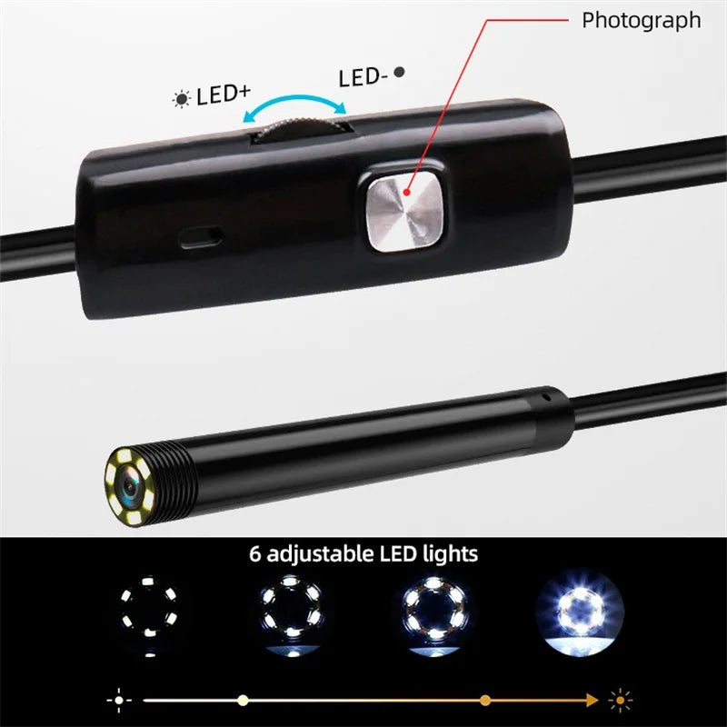 Black inspection endoscope camera with a control unit, adjustable LED brightness dial, and 6-light camera tip.