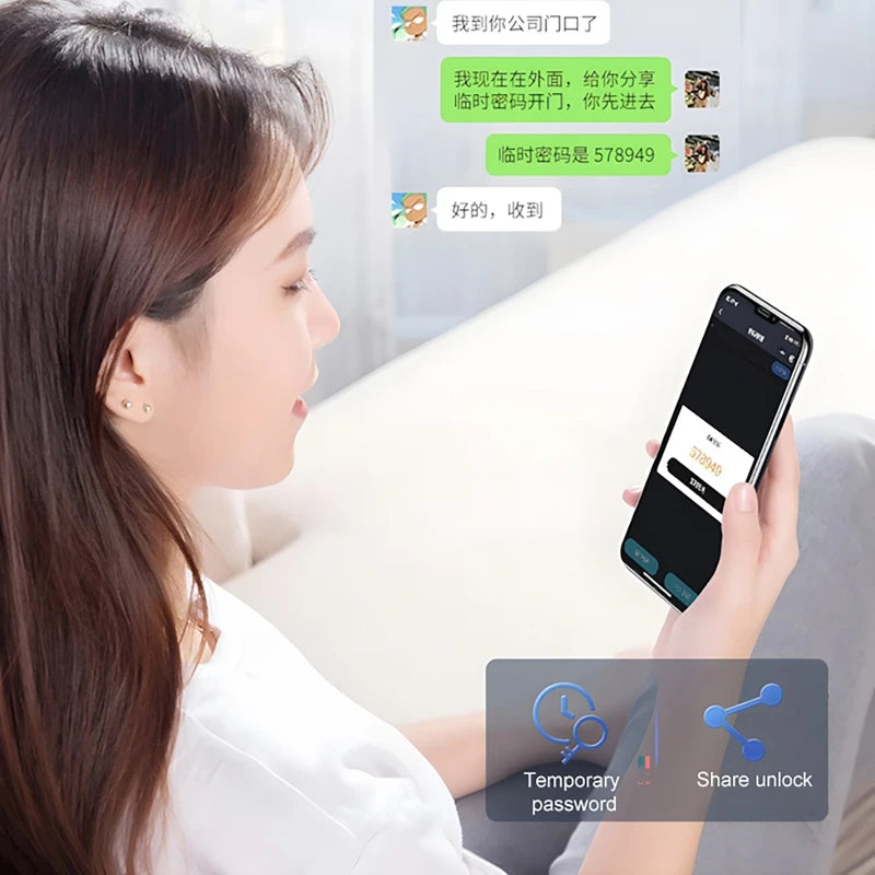 A woman holding a black smartphone showing a smart lock app interface for sharing temporary door passwords.
