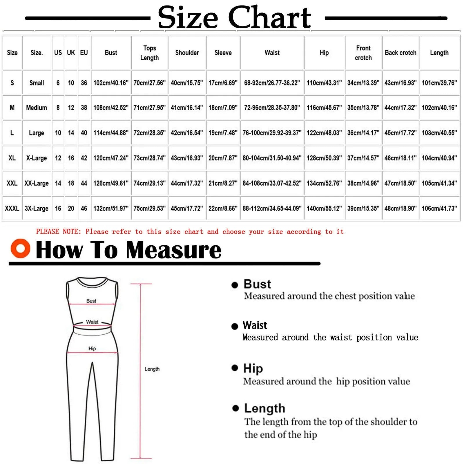 Size chart and measuring guide for women's V-neck salon and healthcare uniform set, detailing measurements in cm and inches.