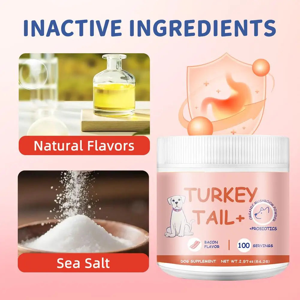 Turkey Tail mushroom and probiotic dog supplement powder in a 100-serving tub with natural bacon flavor.