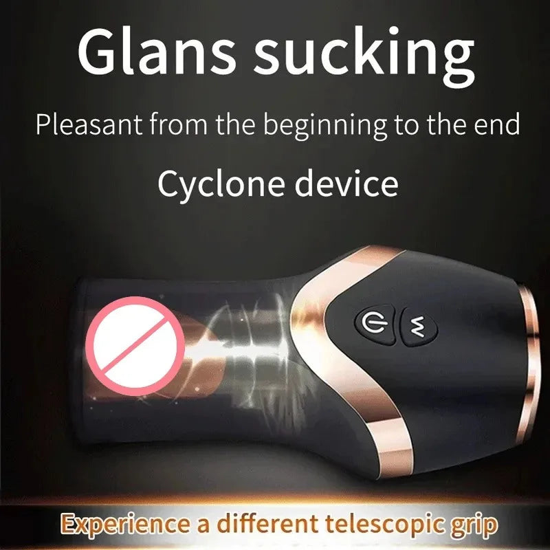 Black and rose gold automatic masturbation cup with two control buttons and a transparent sleeve.