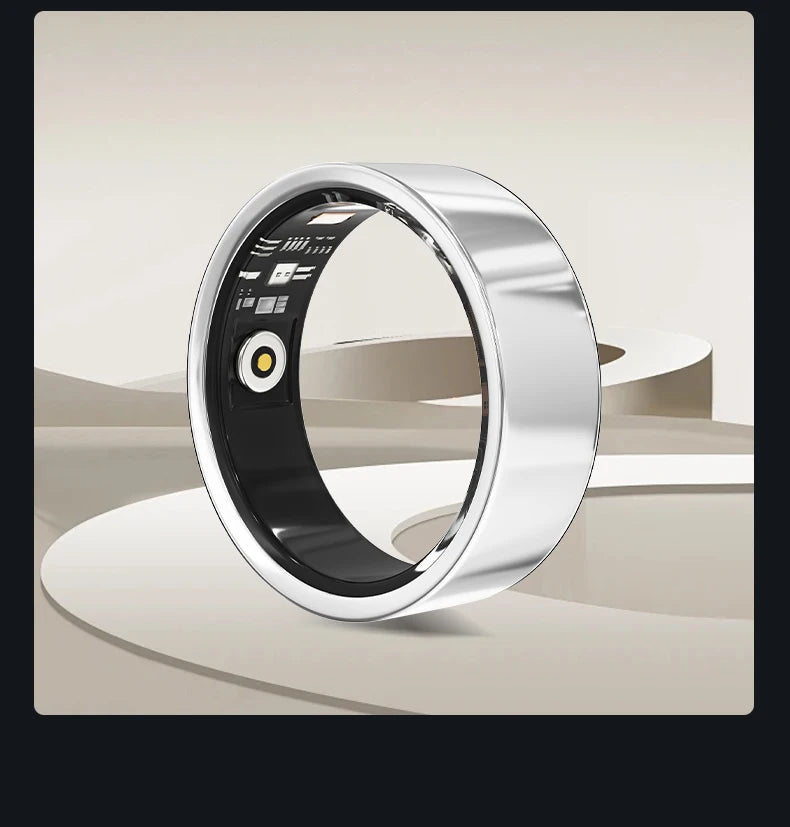 Sleek, silver-tone waterproof smart health tracking ring with internal biosensors and a black inner finish.