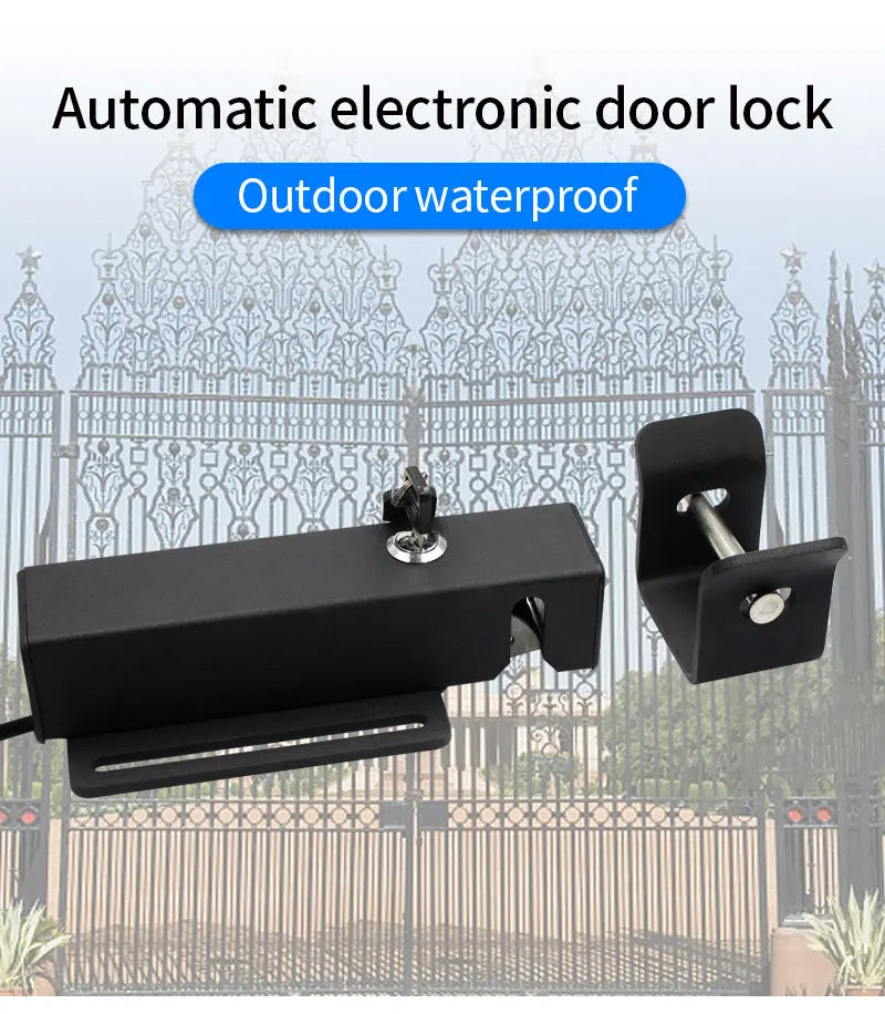 Black metal automatic electronic gate lock with a key cylinder and mounting bracket, suitable for outdoor use.