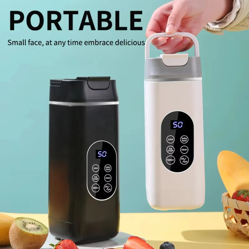 Two portable, rectangular blenders in black and white, each featuring a digital touch display and carrying handle.