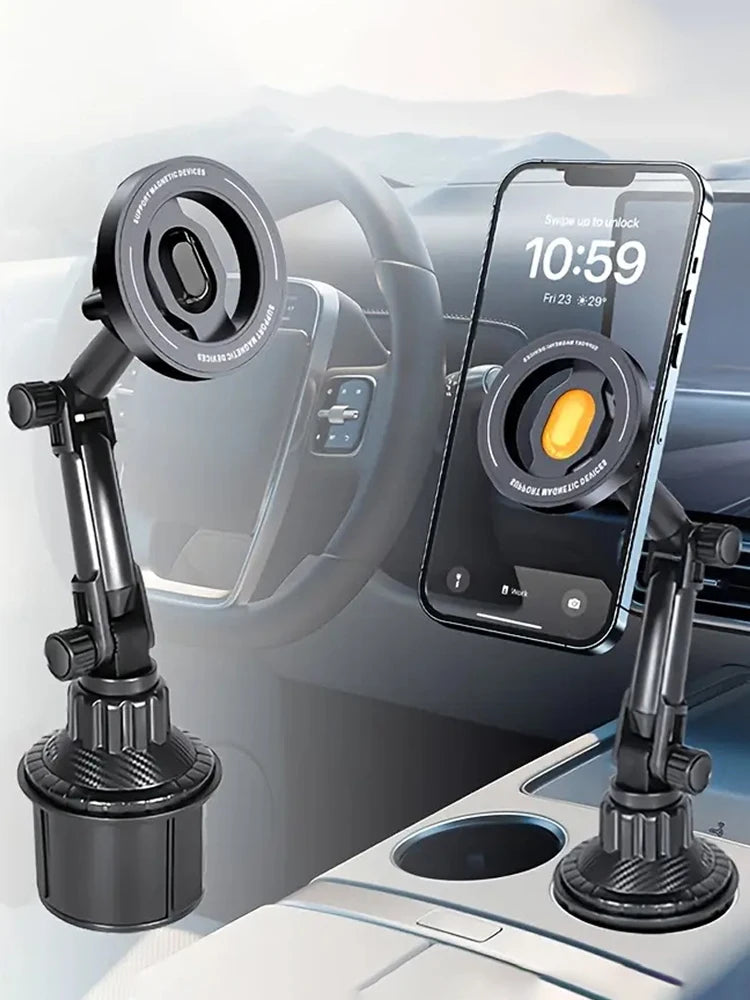 Black, adjustable magnetic cup holder phone mount for car, showing two views with a smartphone attached.
