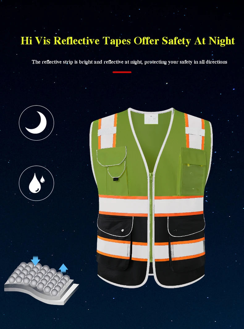 Green and black high-visibility workwear vest with reflective strips, zip fastening, and multiple utility pockets.