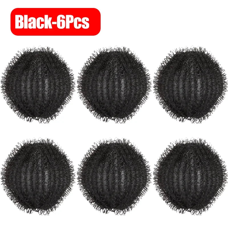 A pack of six round, black mesh hair bun makers for creating voluminous hairstyles.
