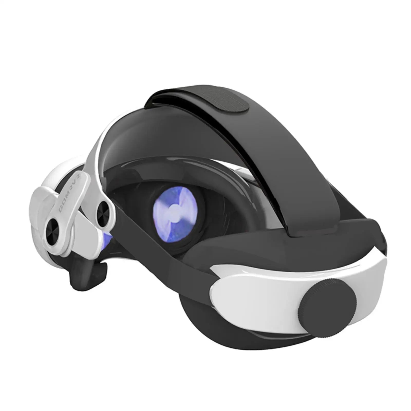 Black and white adjustable halo strap for VR headset with a rear tension dial and padded head support.