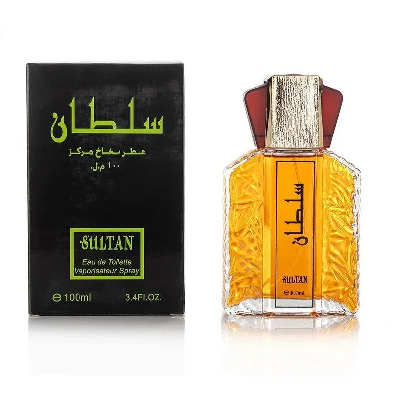 Sultan 100ml amber perfume spray bottle with ornate gold cap, beside its black box with green Arabic text.