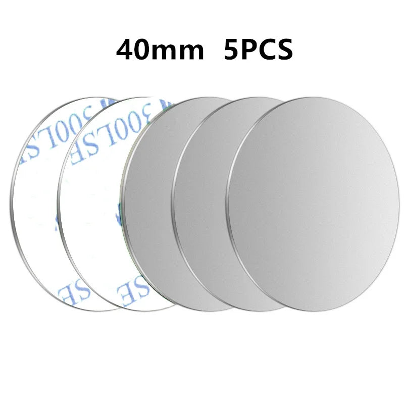 Five 40mm round, silver metallic adhesive discs with white peel-off backing.