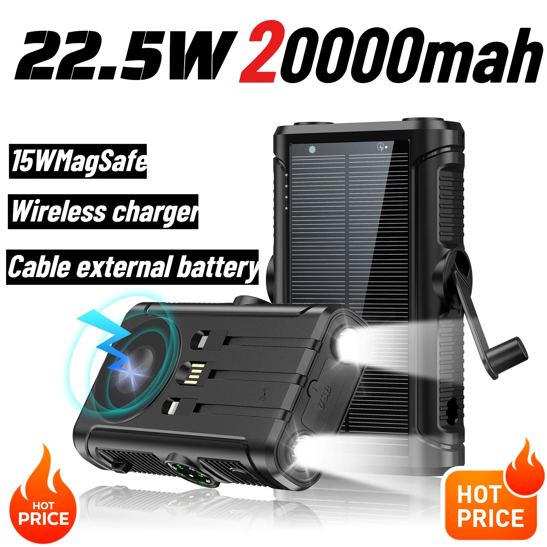 Black 20000mAh solar power bank featuring wireless charging, a hand crank, integrated torch, and compass detail.