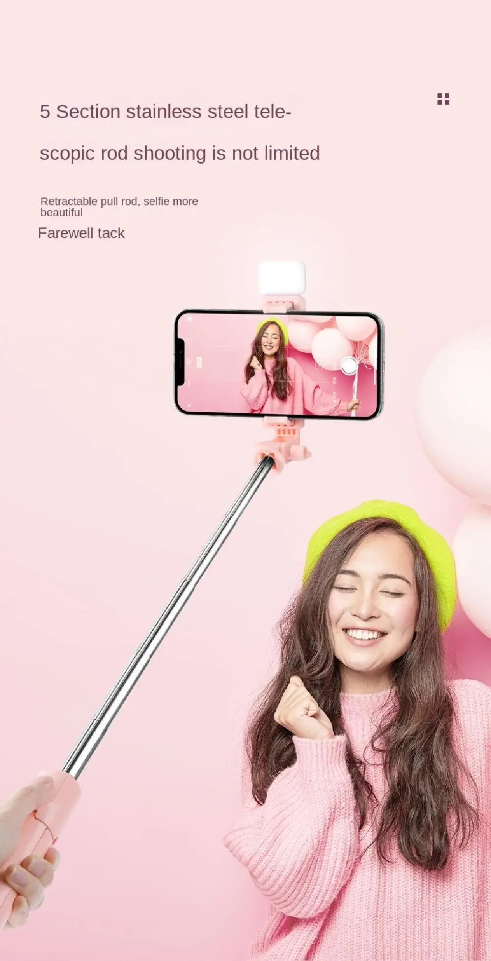 Pink 5-section telescopic stainless steel selfie stick with built-in phone mount and LED light attachment.