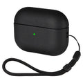 Black textured protective case with lanyard for AirPods Pro, featuring a visible green charging light.
