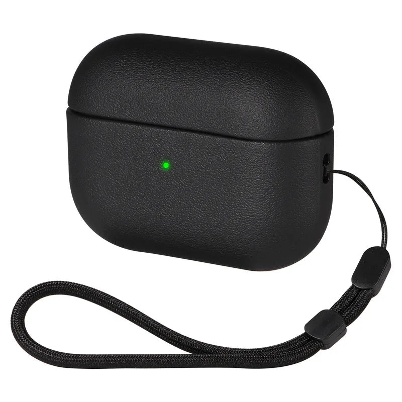 Black textured protective case with lanyard for AirPods Pro, featuring a visible green charging light.