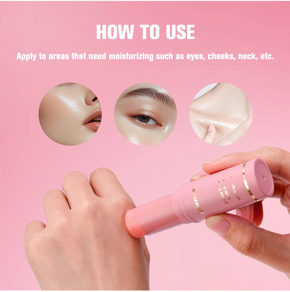 Pink moisturizing multi-balm stick being applied to hand, with examples of glowing skin on cheeks, eyes, and neck.