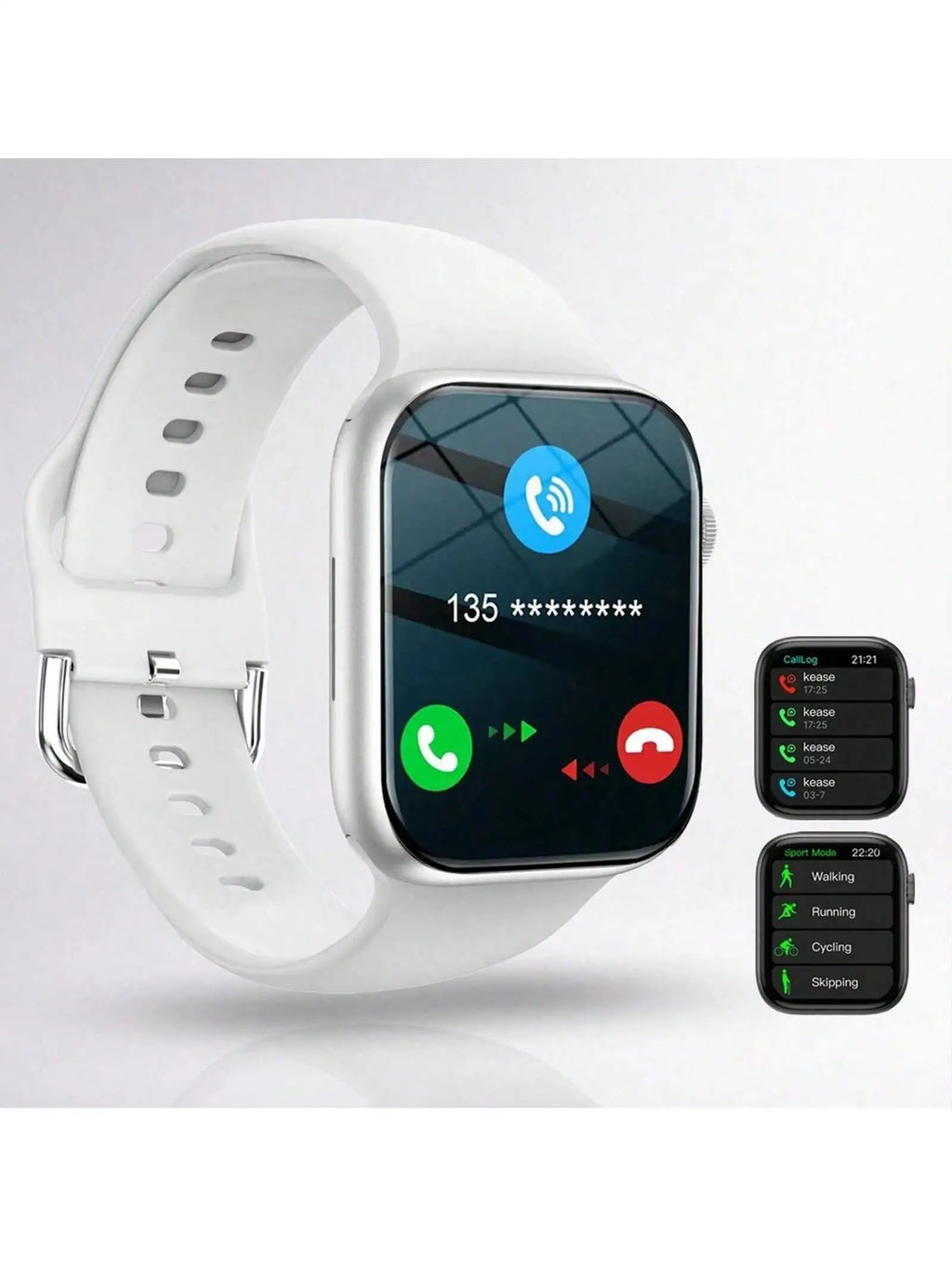 White smartwatch with a sleek square screen, featuring wireless calling and multi-sport tracking interfaces.