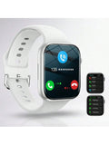 White smartwatch with a sleek square screen, featuring wireless calling and multi-sport tracking interfaces.