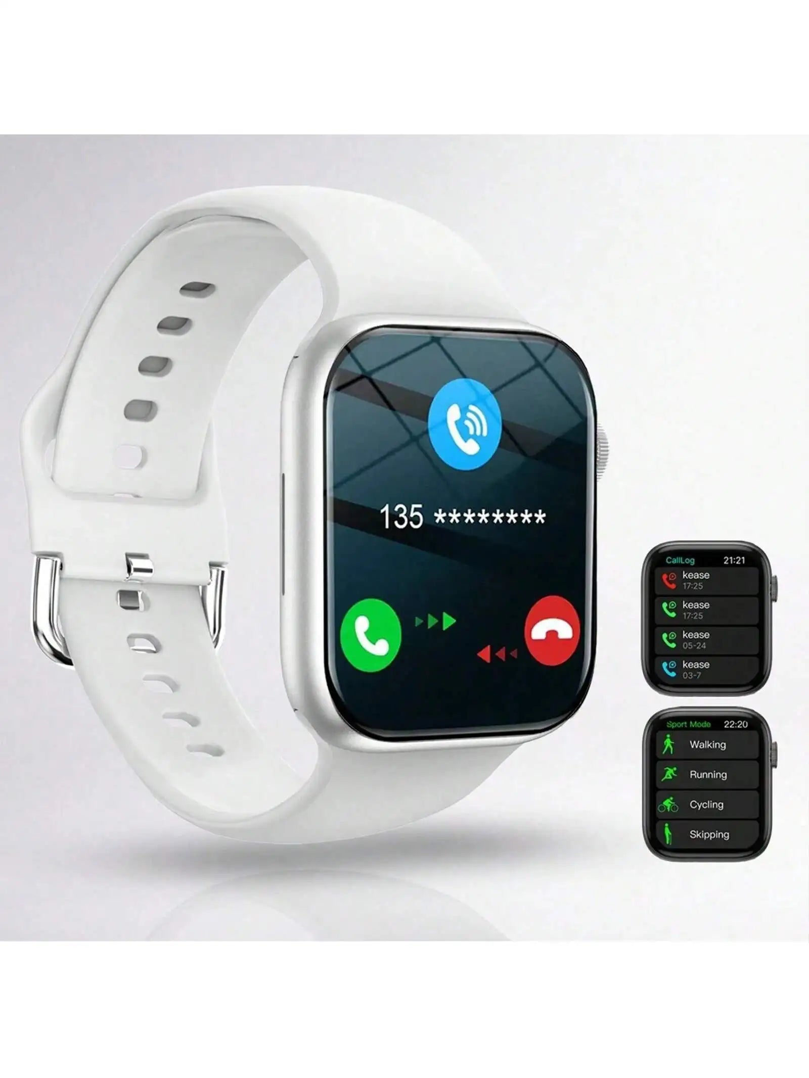 White smartwatch with a sleek square screen, featuring wireless calling and multi-sport tracking interfaces.