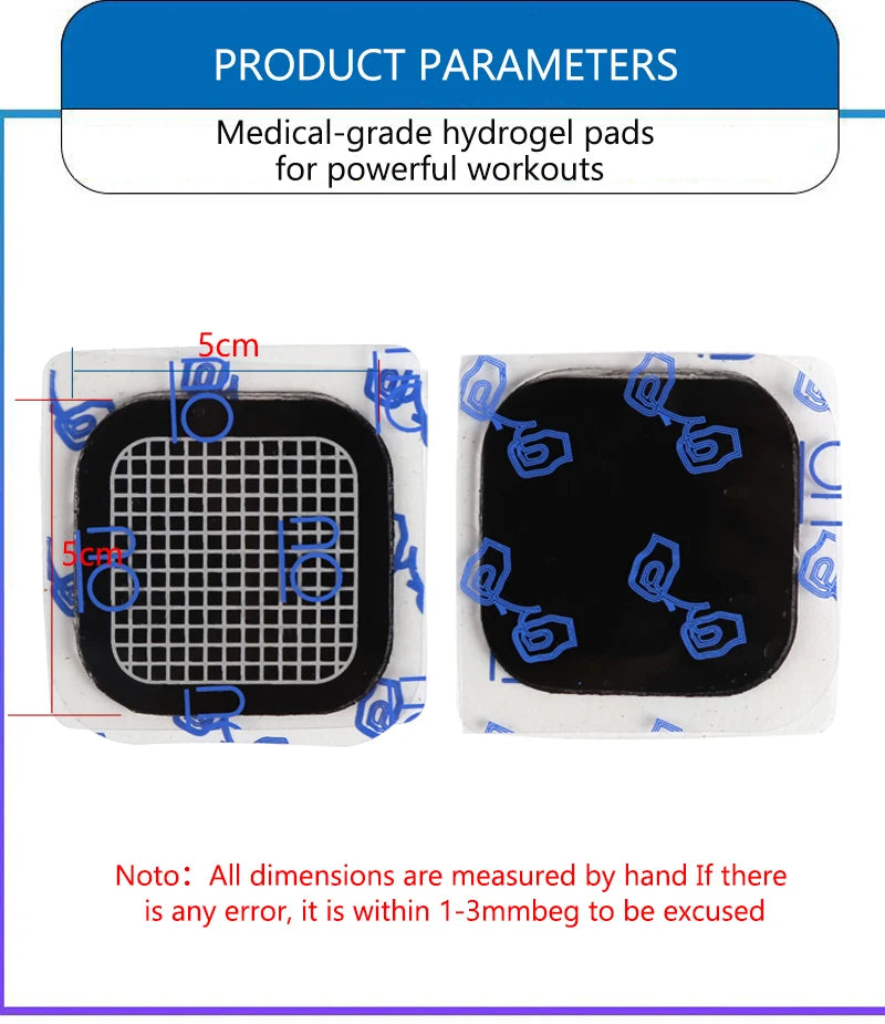 Two square, 5cm black hydrogel pads for a muscle stimulator belt, showing a white grid pattern and protective film.