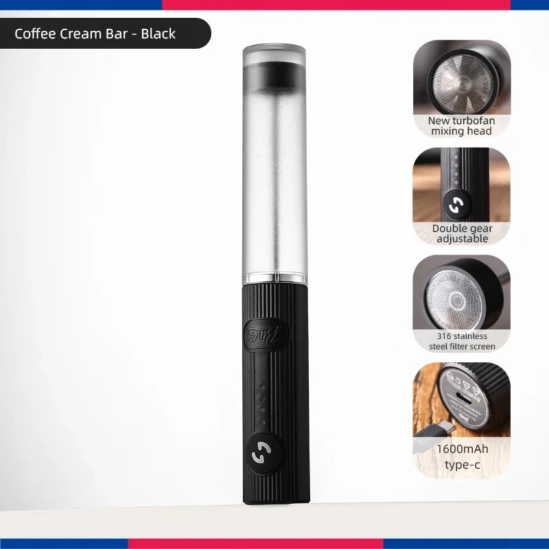 Black electric coffee frother with a sleek, ribbed handle, stainless steel filter head, and adjustable settings.