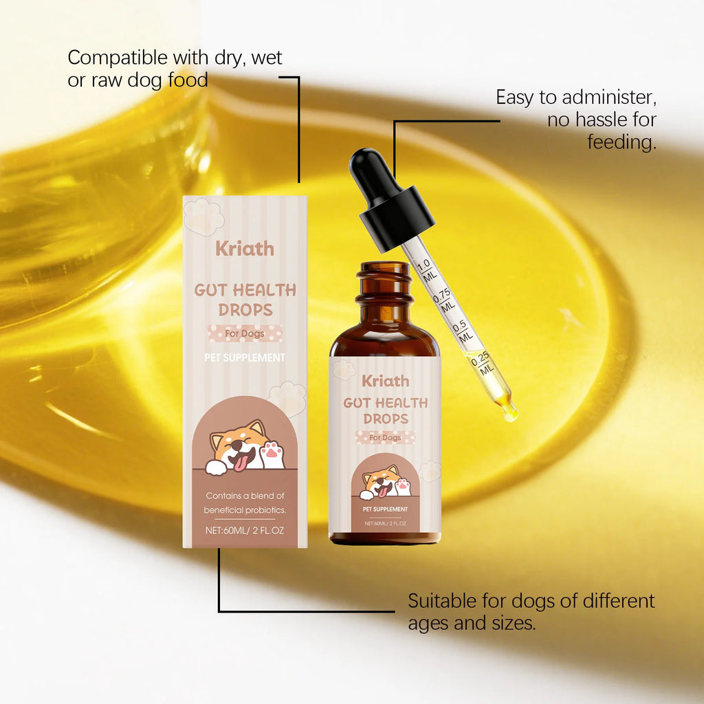 Brown glass dropper bottle of dog gut health supplement with illustrated packaging and measuring pipette.