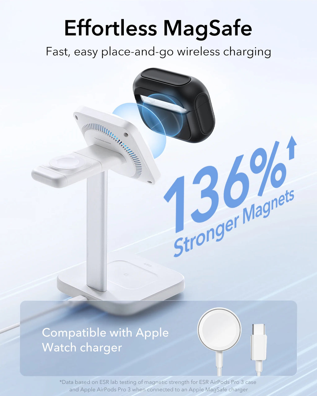 Black silicone MagSafe case for Apple AirPods Pro, shown magnetically charging on an ESR wireless stand.