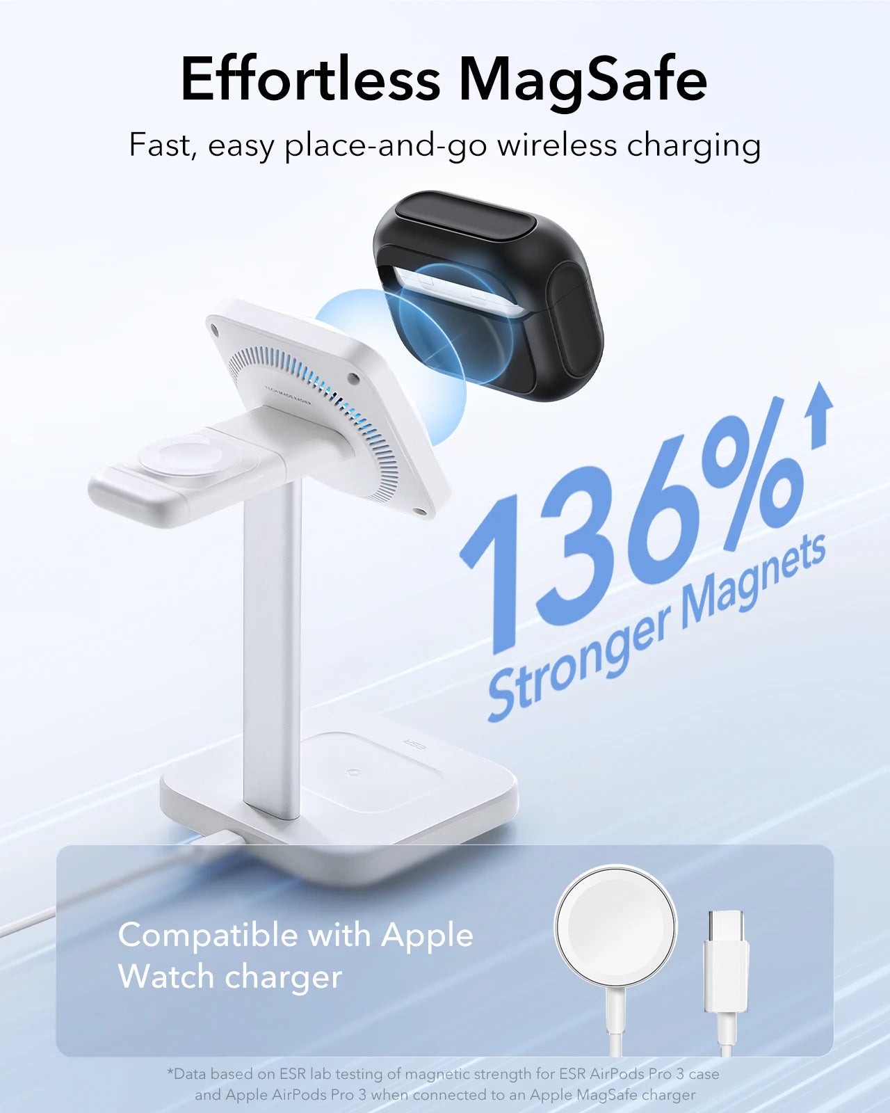 Black silicone MagSafe case for Apple AirPods Pro, shown magnetically charging on an ESR wireless stand.