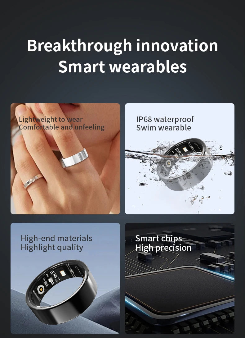 Sleek, waterproof silver smart health tracking ring shown on a finger and submerged in water, featuring internal sensors.