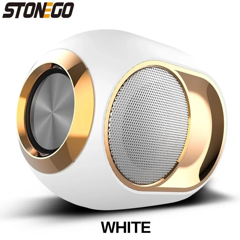 Portable white and gold spherical Bluetooth speaker with a metallic finish and mesh grille.