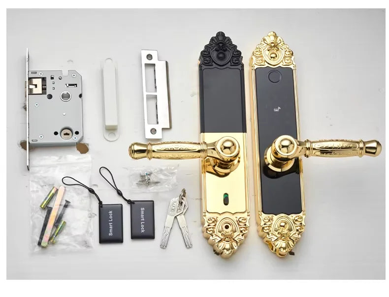 Gold and black metal smart door lock set with electronic keypad, fingerprint scanner, keys, and installation hardware.