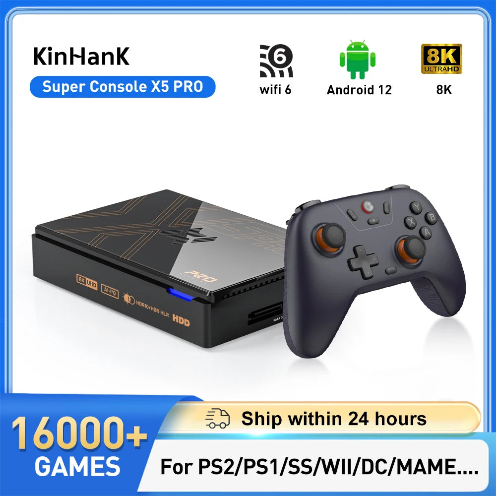 Black Kinhank Super Console X5 PRO retro game console with 8K logo, and a matching black controller.