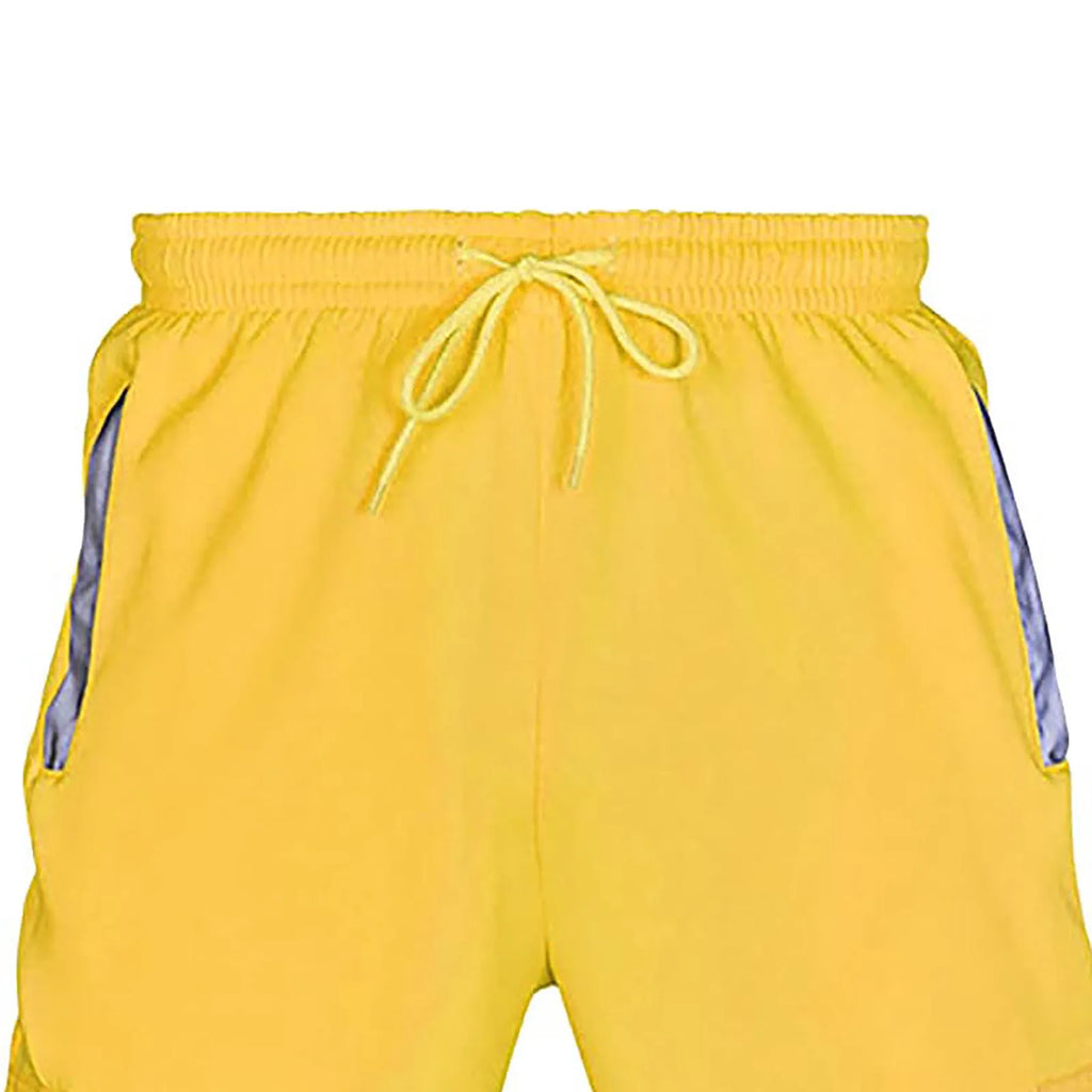 Bright yellow high-visibility work trousers with an elasticated drawstring waistband and side pocket detailing.