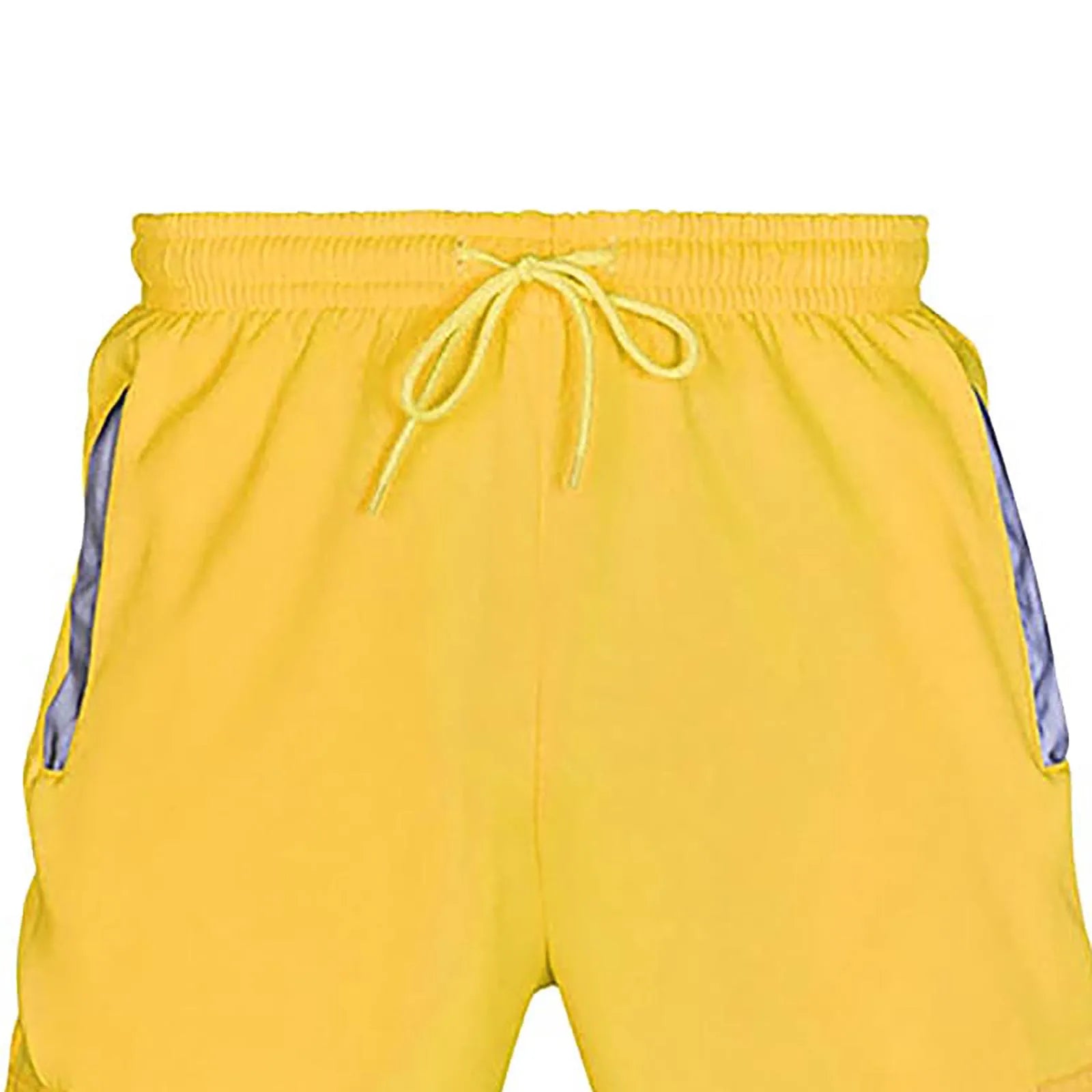 Bright yellow high-visibility work trousers with an elasticated drawstring waistband and side pocket detailing.