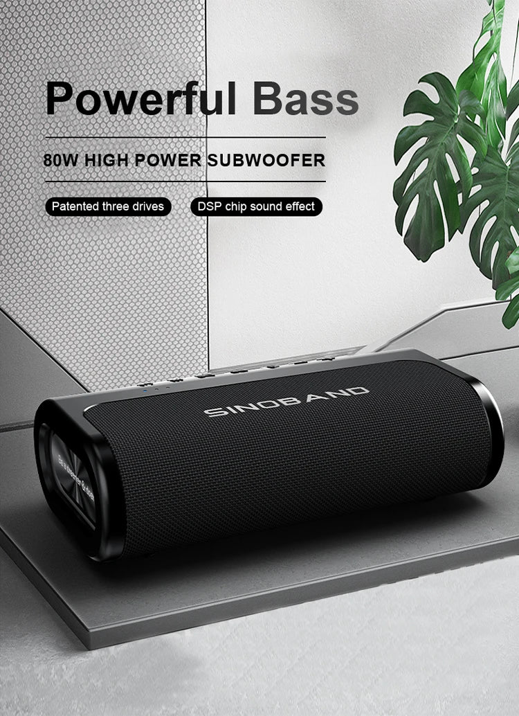 Black 80W portable wireless Bluetooth speaker with three-drive design and DSP sound technology.