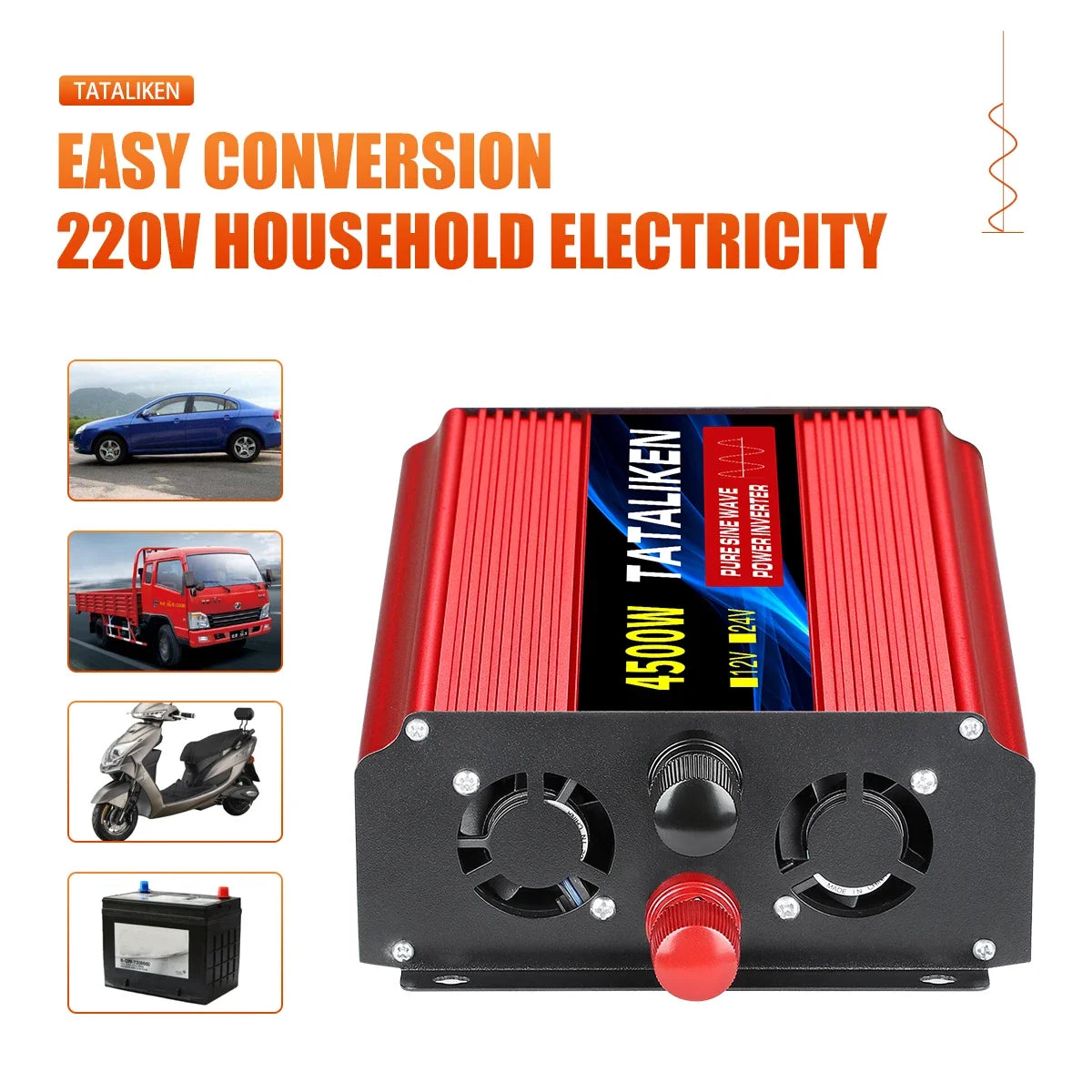 A red, metal-cased pure sine wave power inverter with dual cooling fans and red and black connection terminals.