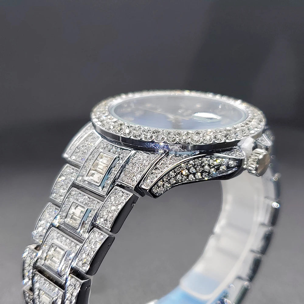 Elegant women's silver-tone dress watch fully encrusted with shimmering crystal accents on the bezel and bracelet.