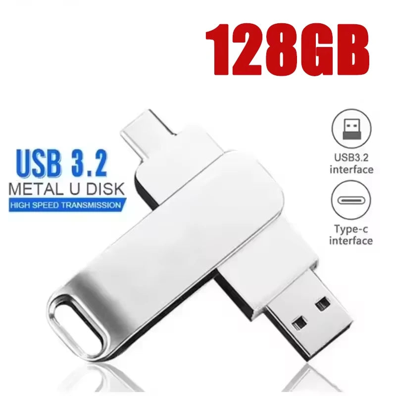 Silver dual-sided metal flash drive with rotating USB 3.2 and Type-C connectors for high-speed file transfer.